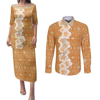 Personalised Tufi Tapa and Tattoo Festival Couples Matching Puletasi and Long Sleeve Button Shirt Oro Tapa Cloth With Plumeria - Polynesian Pride