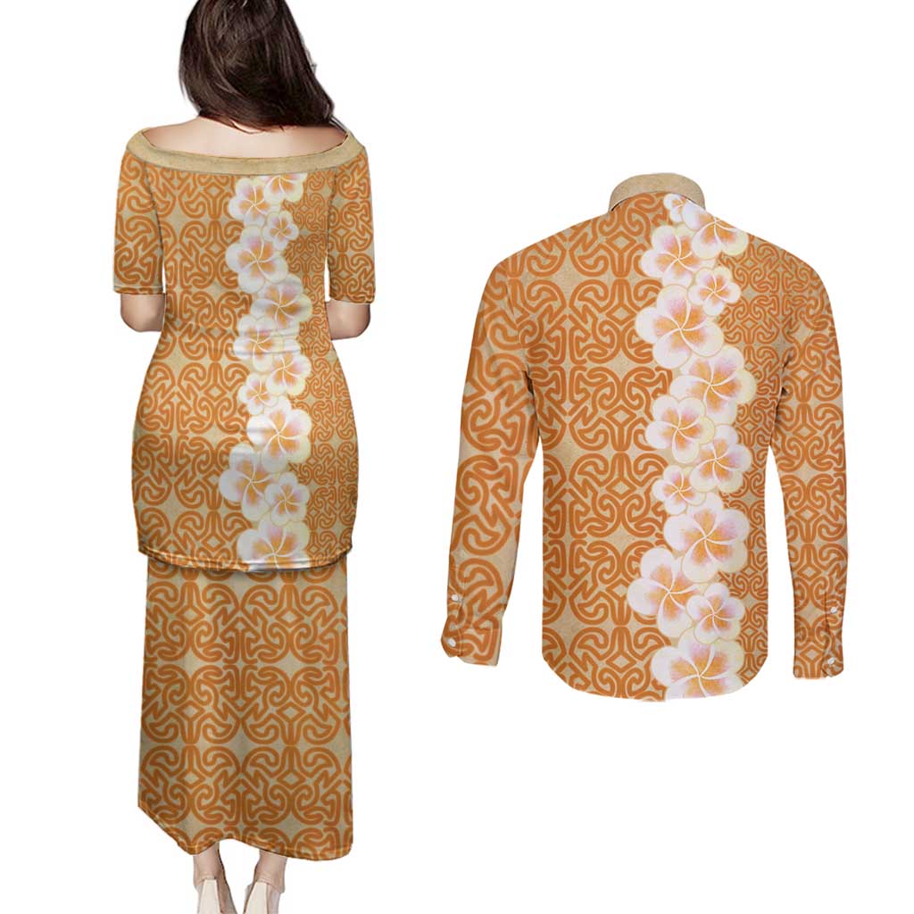 Personalised Tufi Tapa and Tattoo Festival Couples Matching Puletasi and Long Sleeve Button Shirt Oro Tapa Cloth With Plumeria - Polynesian Pride