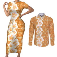 Personalised Tufi Tapa and Tattoo Festival Couples Matching Short Sleeve Bodycon Dress and Long Sleeve Button Shirt Oro Tapa Cloth With Plumeria - Polynesian Pride