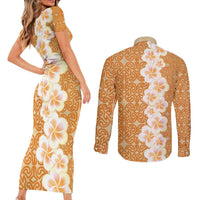 Personalised Tufi Tapa and Tattoo Festival Couples Matching Short Sleeve Bodycon Dress and Long Sleeve Button Shirt Oro Tapa Cloth With Plumeria - Polynesian Pride