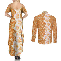 Personalised Tufi Tapa and Tattoo Festival Couples Matching Summer Maxi Dress and Long Sleeve Button Shirt Oro Tapa Cloth With Plumeria - Polynesian Pride