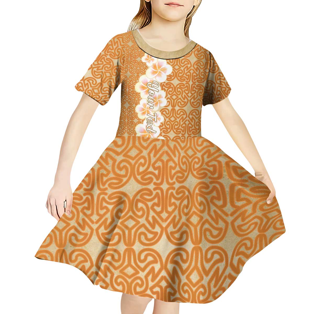 Personalised Tufi Tapa and Tattoo Festival Kid Short Sleeve Dress Oro Tapa Cloth With Plumeria - Polynesian Pride