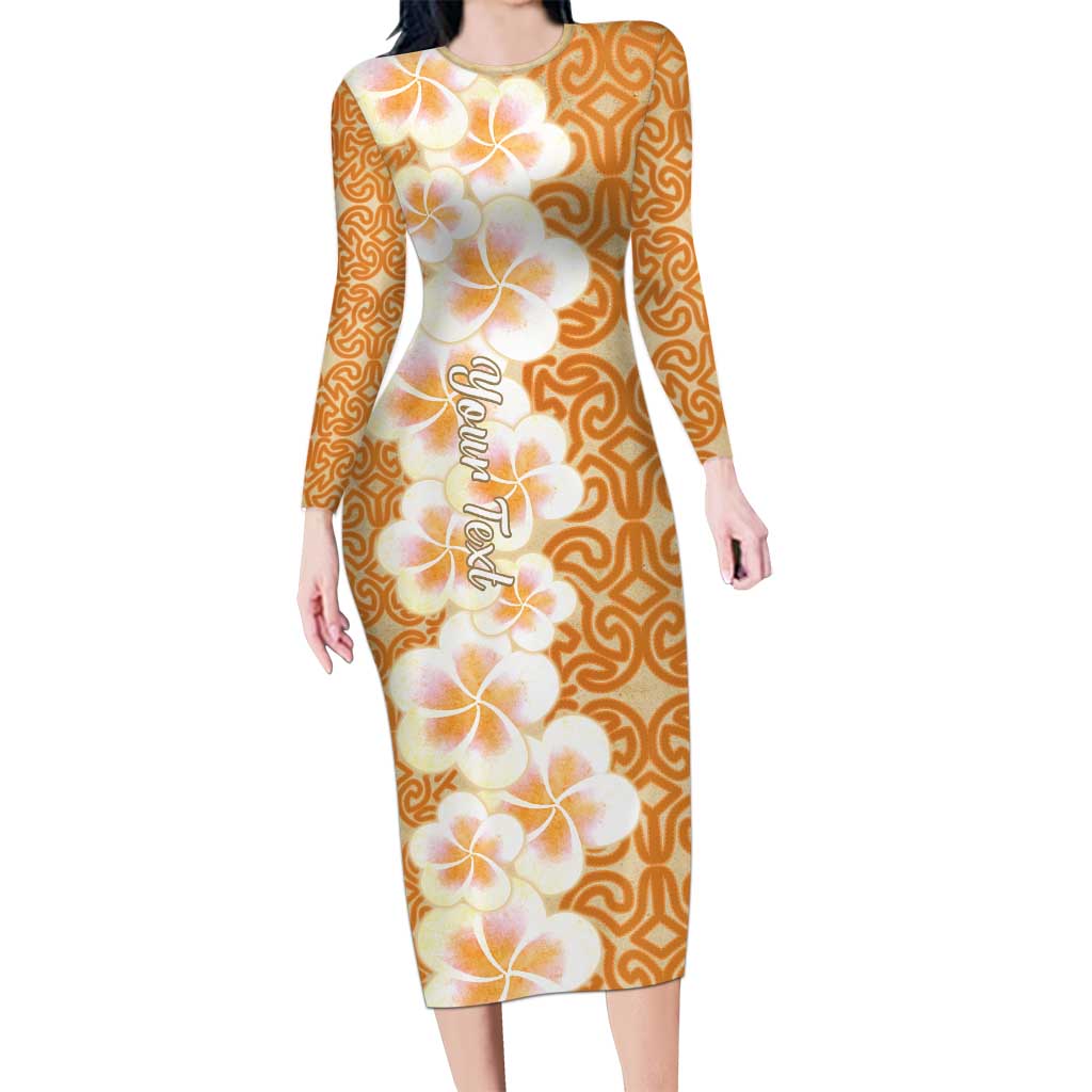 Personalised Tufi Tapa and Tattoo Festival Long Sleeve Bodycon Dress Oro Tapa Cloth With Plumeria - Polynesian Pride