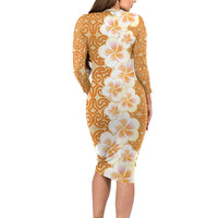 Personalised Tufi Tapa and Tattoo Festival Long Sleeve Bodycon Dress Oro Tapa Cloth With Plumeria - Polynesian Pride