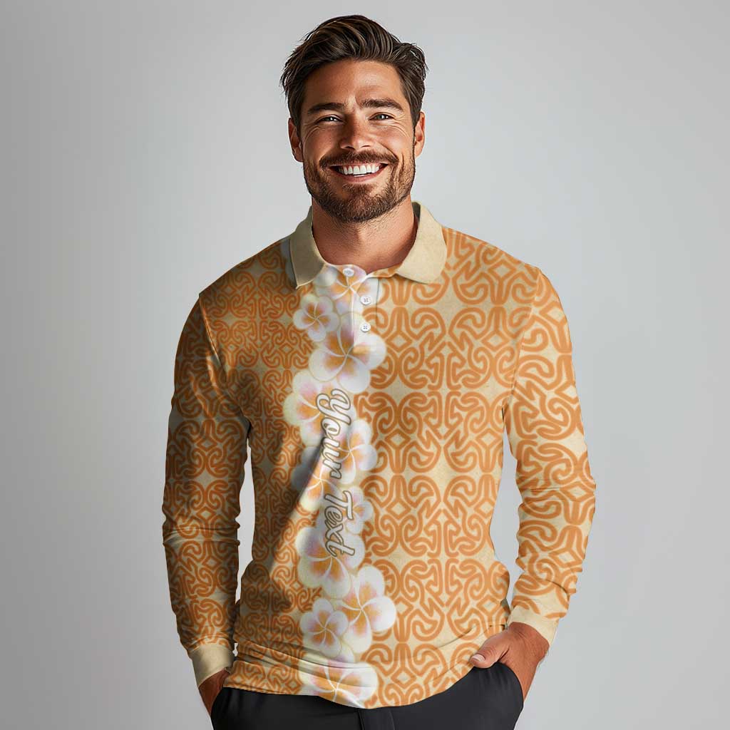 Personalised Tufi Tapa and Tattoo Festival Long Sleeve Polo Shirt Oro Tapa Cloth With Plumeria - Polynesian Pride