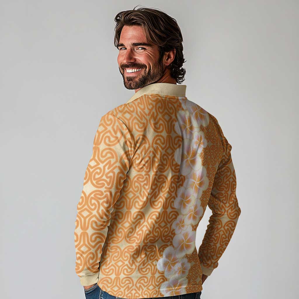 Personalised Tufi Tapa and Tattoo Festival Long Sleeve Polo Shirt Oro Tapa Cloth With Plumeria - Polynesian Pride