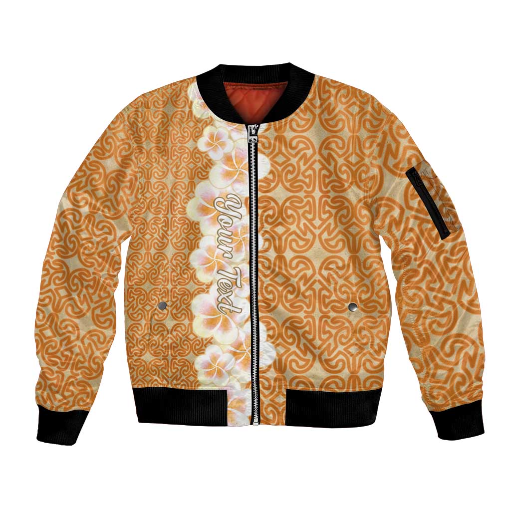 Personalised Tufi Tapa and Tattoo Festival Sleeve Zip Bomber Jacket Oro Tapa Cloth With Plumeria - Polynesian Pride