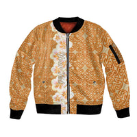 Personalised Tufi Tapa and Tattoo Festival Sleeve Zip Bomber Jacket Oro Tapa Cloth With Plumeria - Polynesian Pride
