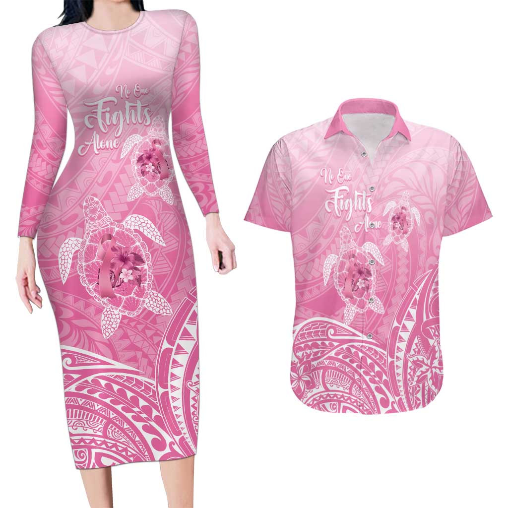 Personalised Polynesia Breast Cancer Awareness Couples Matching Long Sleeve Bodycon Dress and Hawaiian Shirt No One Fights Alone Turtle Ribbon - Pink Version LT14 Pink - Polynesian Pride