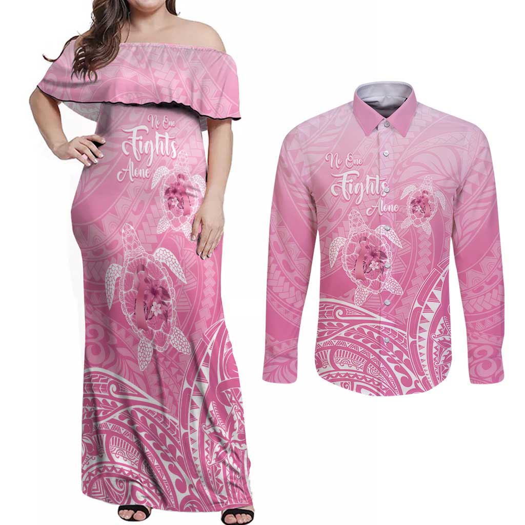 Personalised Polynesia Breast Cancer Awareness Couples Matching Off Shoulder Maxi Dress and Long Sleeve Button Shirt No One Fights Alone Turtle Ribbon - Pink Version LT14 Pink - Polynesian Pride