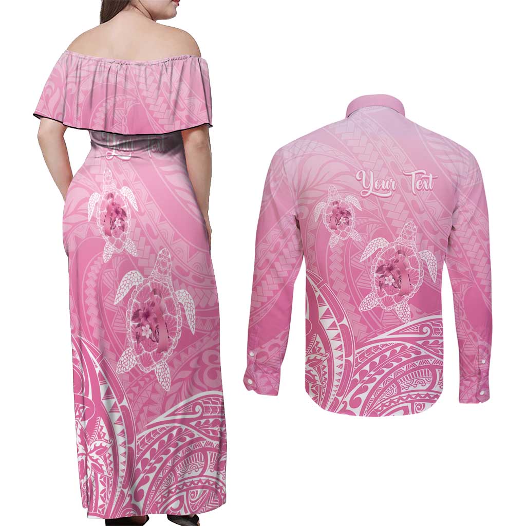 Personalised Polynesia Breast Cancer Awareness Couples Matching Off Shoulder Maxi Dress and Long Sleeve Button Shirt No One Fights Alone Turtle Ribbon - Pink Version LT14 - Polynesian Pride