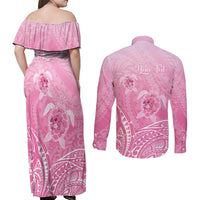 Personalised Polynesia Breast Cancer Awareness Couples Matching Off Shoulder Maxi Dress and Long Sleeve Button Shirt No One Fights Alone Turtle Ribbon - Pink Version LT14 - Polynesian Pride