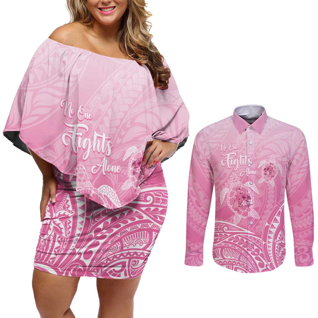 Personalised Polynesia Breast Cancer Awareness Couples Matching Off Shoulder Short Dress and Long Sleeve Button Shirt No One Fights Alone Turtle Ribbon - Pink Version LT14 Pink - Polynesian Pride
