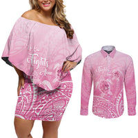 Personalised Polynesia Breast Cancer Awareness Couples Matching Off Shoulder Short Dress and Long Sleeve Button Shirt No One Fights Alone Turtle Ribbon - Pink Version LT14 Pink - Polynesian Pride