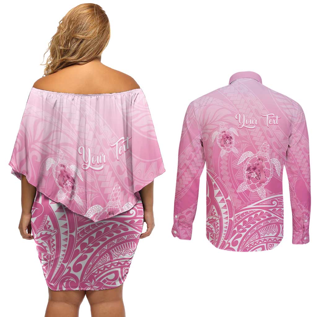 Personalised Polynesia Breast Cancer Awareness Couples Matching Off Shoulder Short Dress and Long Sleeve Button Shirt No One Fights Alone Turtle Ribbon - Pink Version LT14 - Polynesian Pride