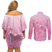Personalised Polynesia Breast Cancer Awareness Couples Matching Off Shoulder Short Dress and Long Sleeve Button Shirt No One Fights Alone Turtle Ribbon - Pink Version LT14 - Polynesian Pride