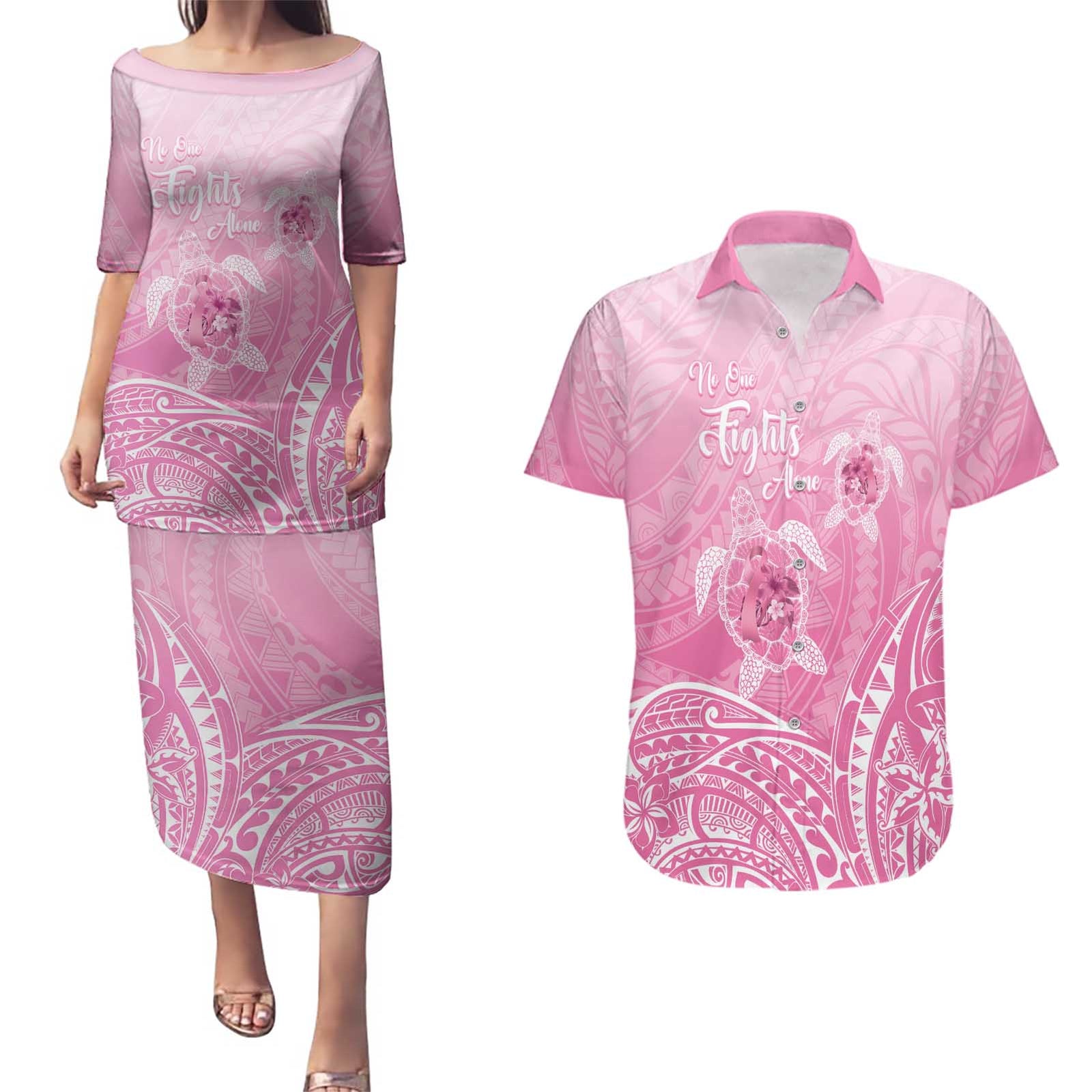 Personalised Polynesia Breast Cancer Awareness Couples Matching Puletasi and Hawaiian Shirt No One Fights Alone Turtle Ribbon - Pink Version LT14 Pink - Polynesian Pride