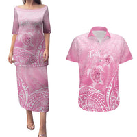 Personalised Polynesia Breast Cancer Awareness Couples Matching Puletasi and Hawaiian Shirt No One Fights Alone Turtle Ribbon - Pink Version LT14 Pink - Polynesian Pride