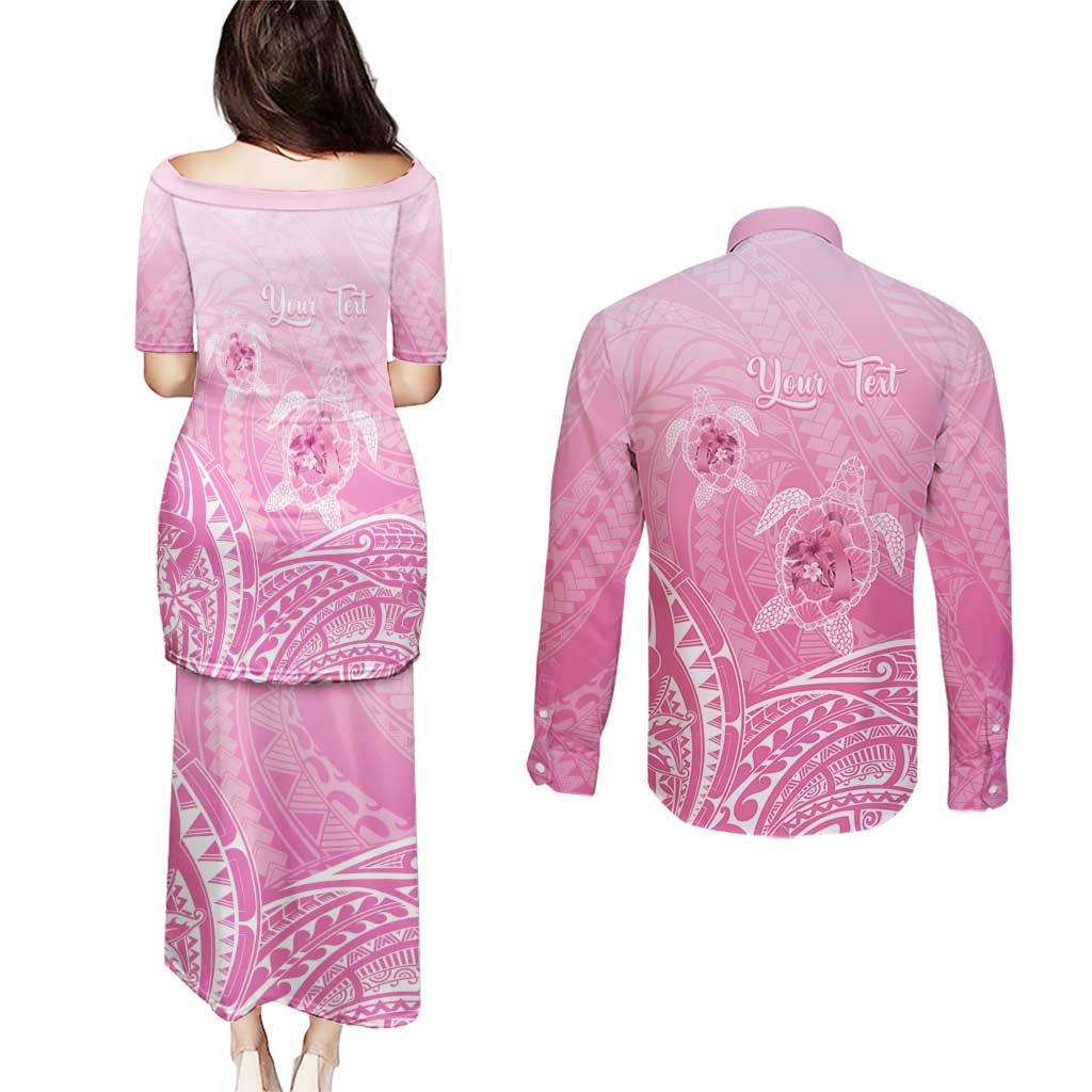 Personalised Polynesia Breast Cancer Awareness Couples Matching Puletasi and Long Sleeve Button Shirt No One Fights Alone Turtle Ribbon - Pink Version LT14 - Polynesian Pride