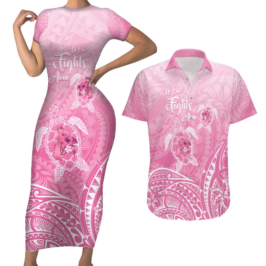 Personalised Polynesia Breast Cancer Awareness Couples Matching Short Sleeve Bodycon Dress and Hawaiian Shirt No One Fights Alone Turtle Ribbon - Pink Version