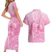 Personalised Polynesia Breast Cancer Awareness Couples Matching Short Sleeve Bodycon Dress and Hawaiian Shirt No One Fights Alone Turtle Ribbon - Pink Version LT14 - Polynesian Pride
