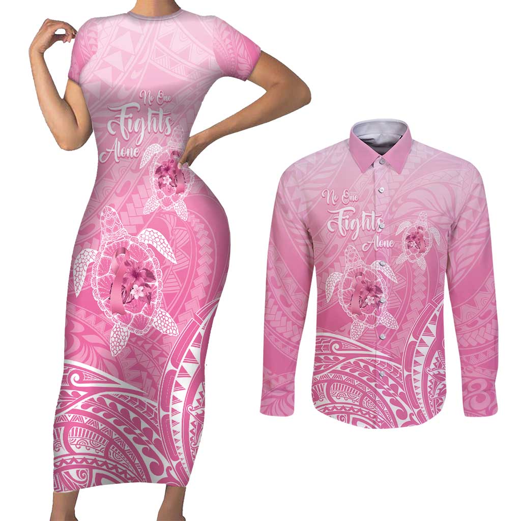 Personalised Polynesia Breast Cancer Awareness Couples Matching Short Sleeve Bodycon Dress and Long Sleeve Button Shirt No One Fights Alone Turtle Ribbon - Pink Version LT14 Pink - Polynesian Pride