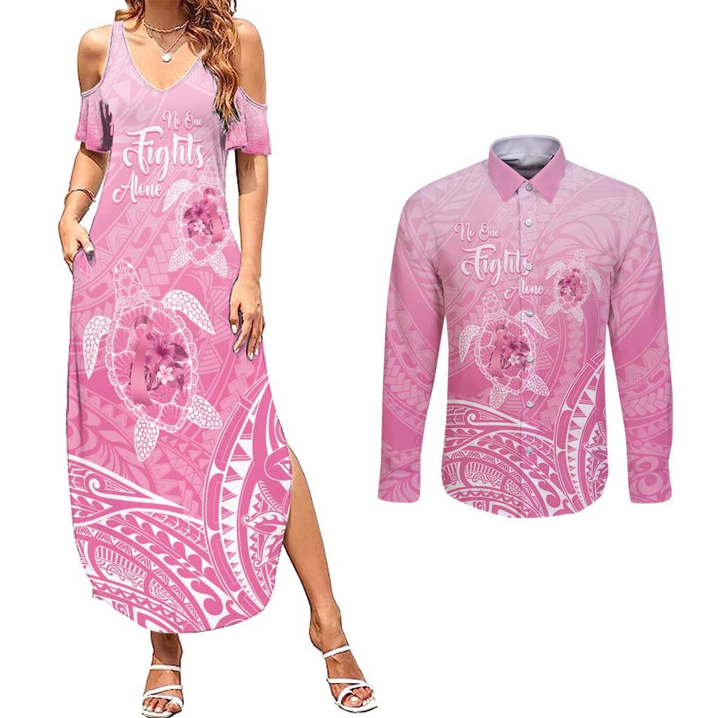 Personalised Polynesia Breast Cancer Awareness Couples Matching Summer Maxi Dress and Long Sleeve Button Shirt No One Fights Alone Turtle Ribbon - Pink Version LT14 Pink - Polynesian Pride