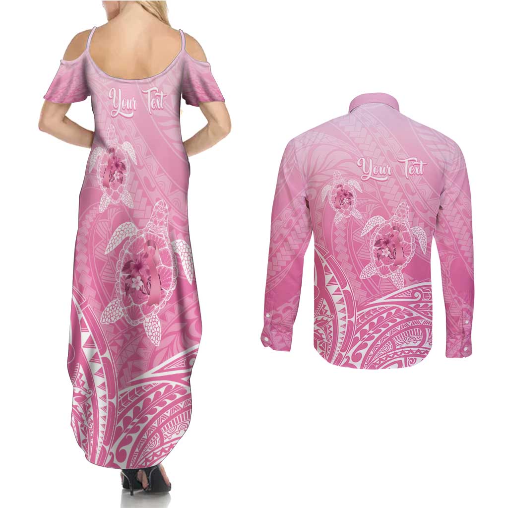 Personalised Polynesia Breast Cancer Awareness Couples Matching Summer Maxi Dress and Long Sleeve Button Shirt No One Fights Alone Turtle Ribbon - Pink Version LT14 - Polynesian Pride