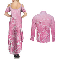 Personalised Polynesia Breast Cancer Awareness Couples Matching Summer Maxi Dress and Long Sleeve Button Shirt No One Fights Alone Turtle Ribbon - Pink Version LT14 - Polynesian Pride