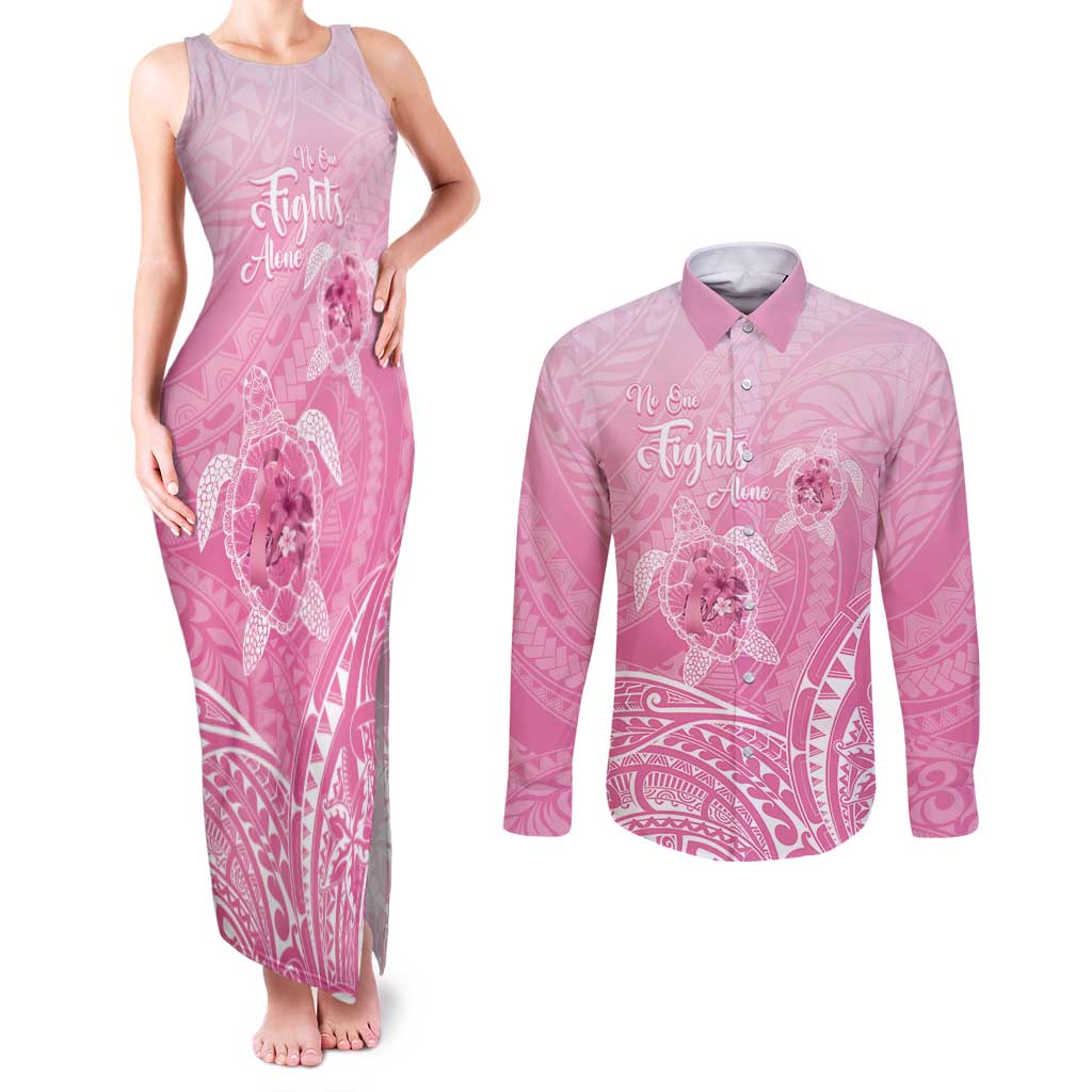 Personalised Polynesia Breast Cancer Awareness Couples Matching Tank Maxi Dress and Long Sleeve Button Shirt No One Fights Alone Turtle Ribbon - Pink Version LT14 Pink - Polynesian Pride