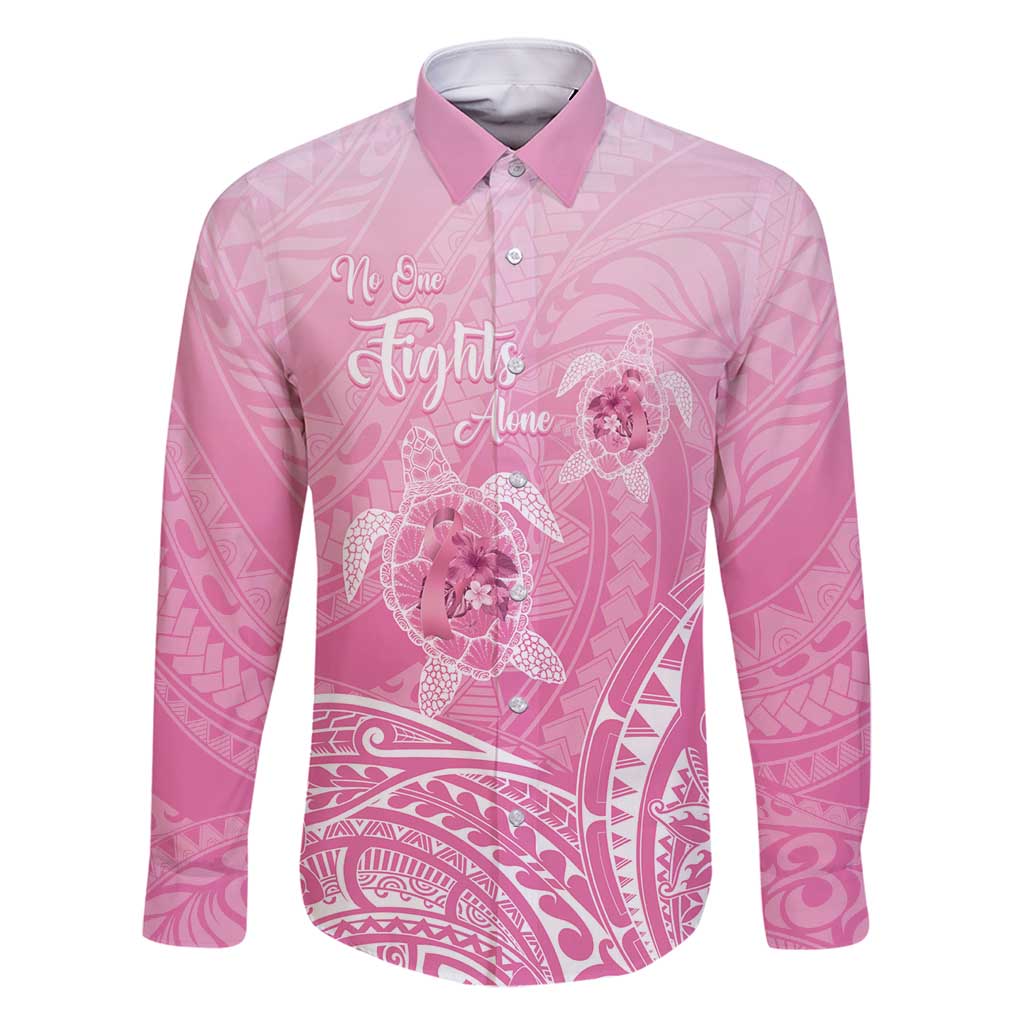 Personalised Polynesia Breast Cancer Awareness Family Matching Long Sleeve Bodycon Dress and Hawaiian Shirt No One Fights Alone Turtle Ribbon - Pink Version