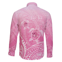 Personalised Polynesia Breast Cancer Awareness Family Matching Off The Shoulder Long Sleeve Dress and Hawaiian Shirt No One Fights Alone Turtle Ribbon - Pink Version
