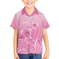 Personalised Polynesia Breast Cancer Awareness Family Matching Off Shoulder Maxi Dress and Hawaiian Shirt No One Fights Alone Turtle Ribbon - Pink Version