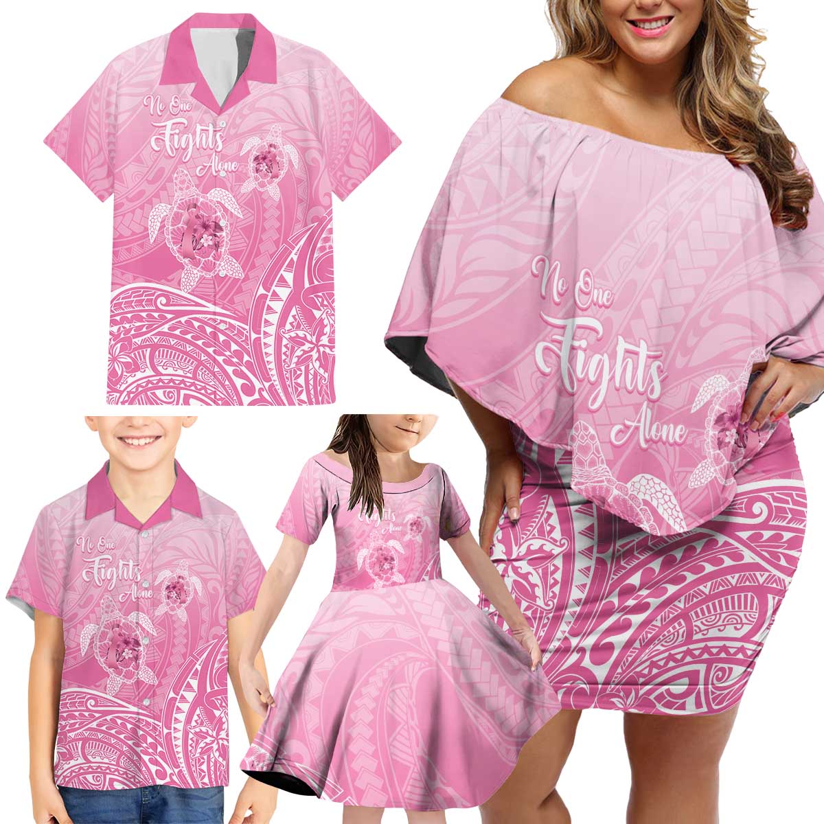 Personalised Polynesia Breast Cancer Awareness Family Matching Off Shoulder Short Dress and Hawaiian Shirt No One Fights Alone Turtle Ribbon - Pink Version