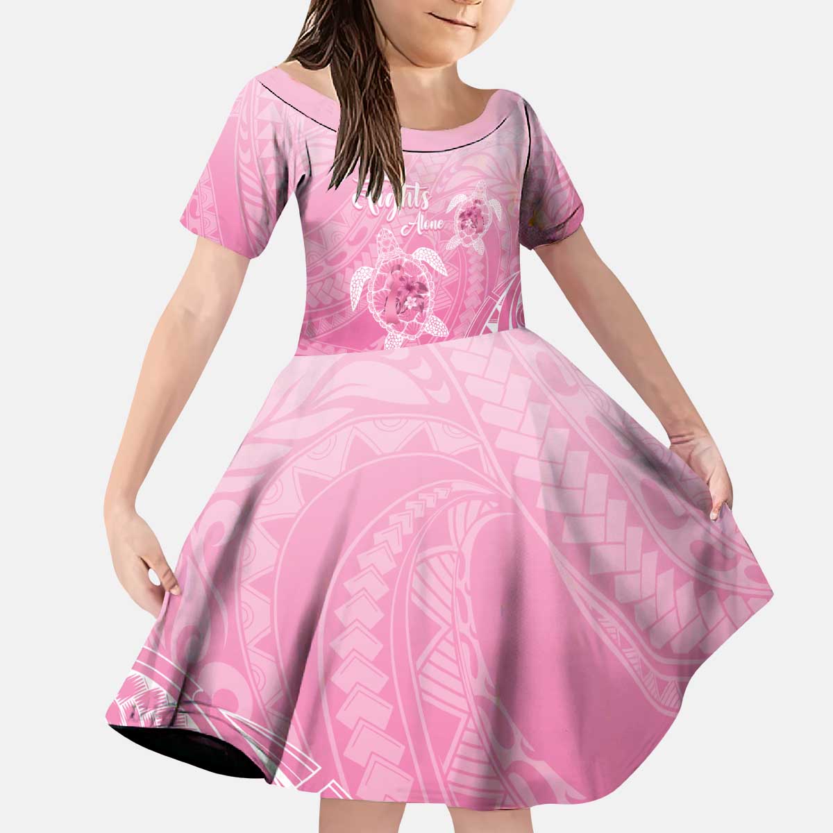 Personalised Polynesia Breast Cancer Awareness Family Matching Puletasi and Hawaiian Shirt No One Fights Alone Turtle Ribbon - Pink Version LT14 Daughter's Dress Pink - Polynesian Pride