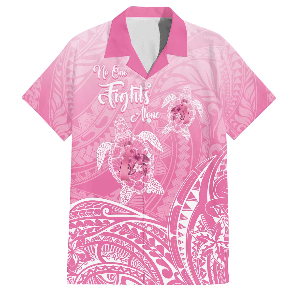 Personalised Polynesia Breast Cancer Awareness Family Matching Puletasi and Hawaiian Shirt No One Fights Alone Turtle Ribbon - Pink Version LT14 Dad's Shirt - Short Sleeve Pink - Polynesian Pride