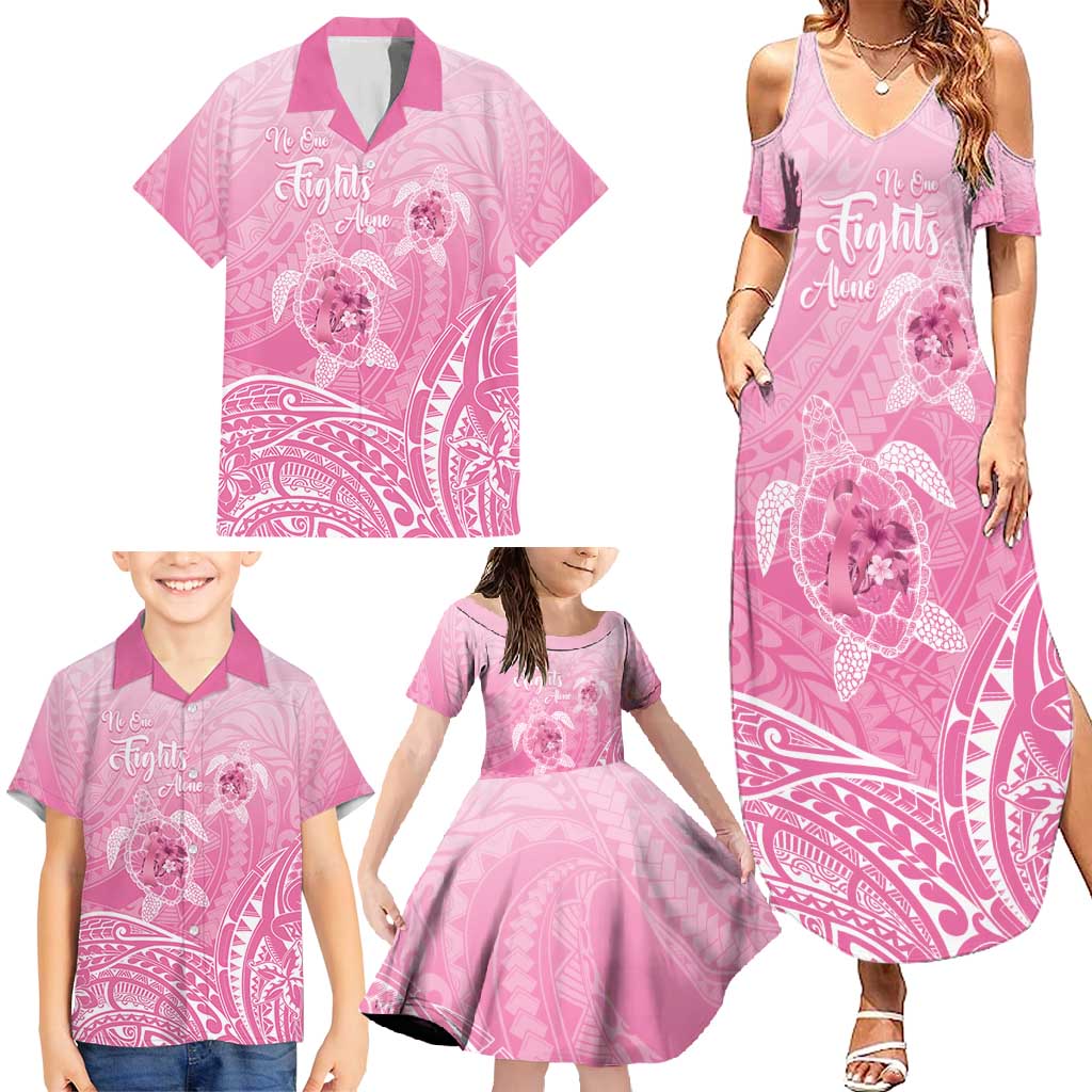 Personalised Polynesia Breast Cancer Awareness Family Matching Summer Maxi Dress and Hawaiian Shirt No One Fights Alone Turtle Ribbon - Pink Version LT14 - Polynesian Pride