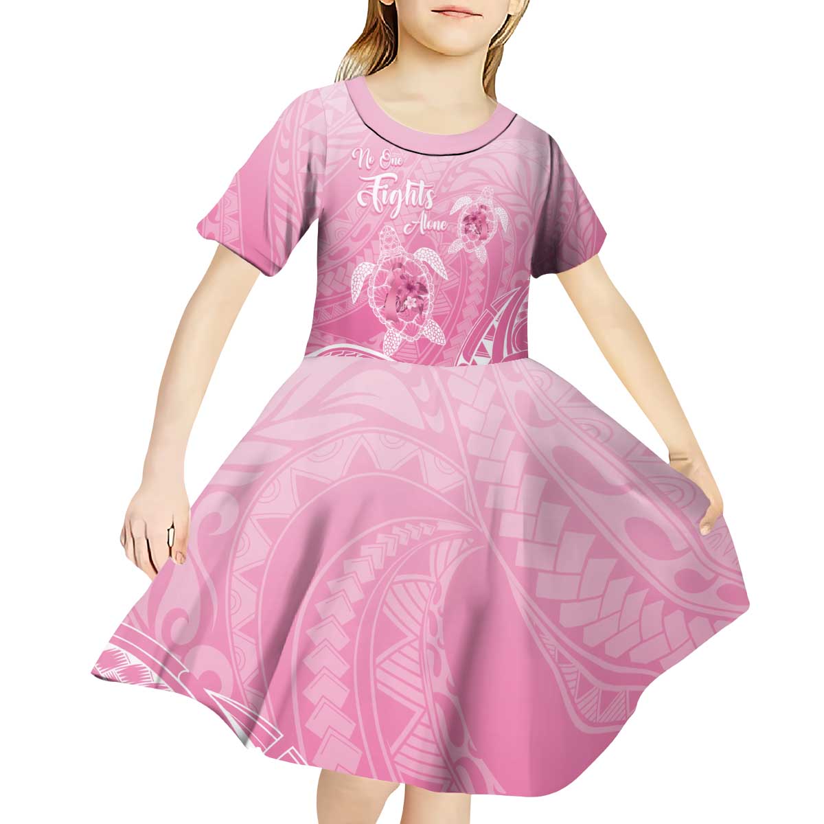 Personalised Polynesia Breast Cancer Awareness Kid Short Sleeve Dress No One Fights Alone Turtle Ribbon - Pink Version