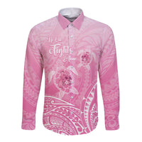 Personalised Polynesia Breast Cancer Awareness Long Sleeve Button Shirt No One Fights Alone Turtle Ribbon - Pink Version