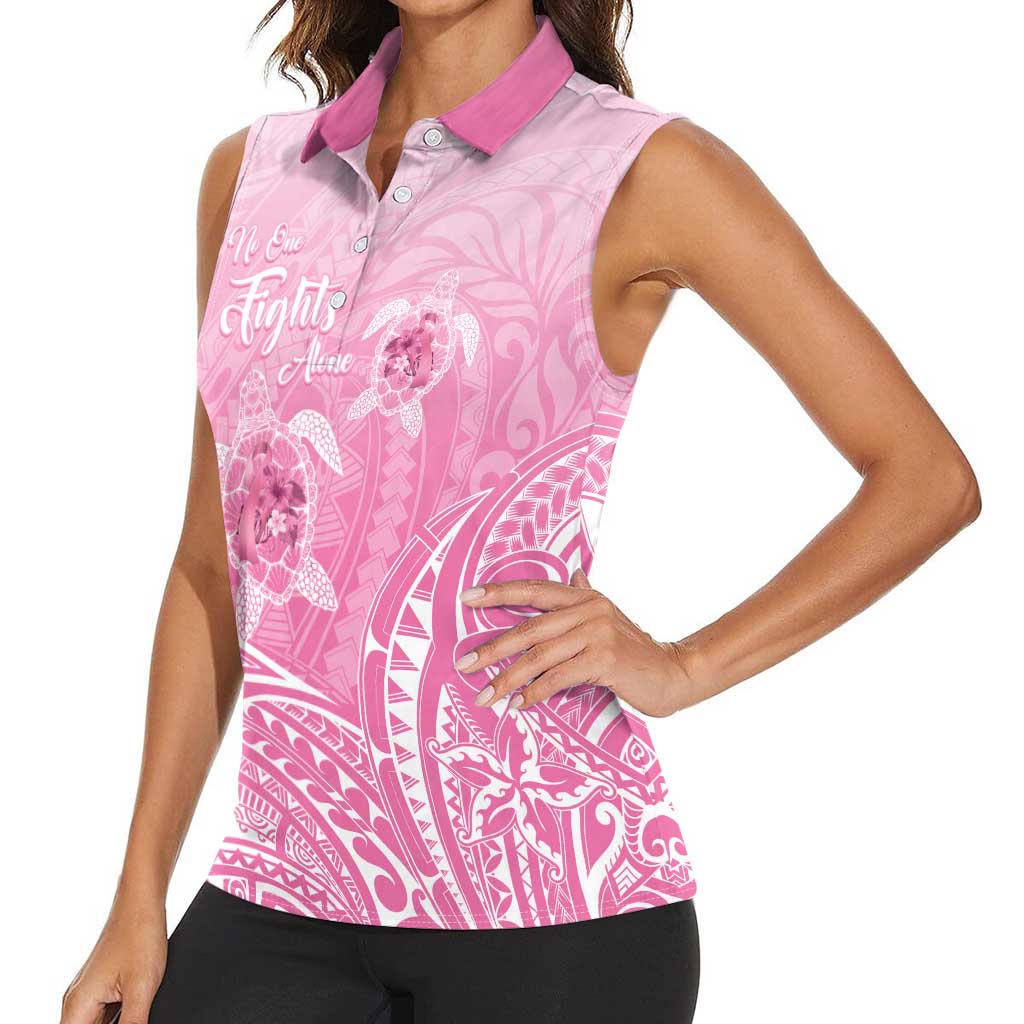 Personalised Polynesia Breast Cancer Awareness Women Sleeveless Polo Shirt No One Fights Alone Turtle Ribbon - Pink Version