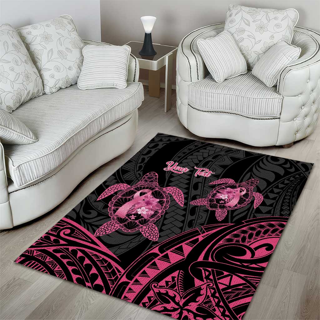 Personalised Polynesia Breast Cancer Awareness Area Rug No One Fights Alone Turtle Ribbon - Black Version