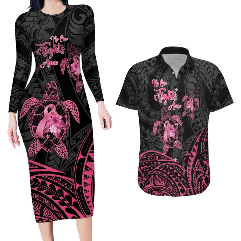 Personalised Polynesia Breast Cancer Awareness Couples Matching Long Sleeve Bodycon Dress and Hawaiian Shirt No One Fights Alone Turtle Ribbon - Black Version LT14 Black - Polynesian Pride