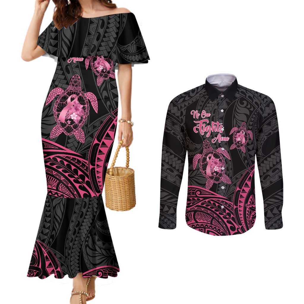 Personalised Polynesia Breast Cancer Awareness Couples Matching Mermaid Dress and Long Sleeve Button Shirt No One Fights Alone Turtle Ribbon - Black Version LT14 Black - Polynesian Pride