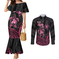 Personalised Polynesia Breast Cancer Awareness Couples Matching Mermaid Dress and Long Sleeve Button Shirt No One Fights Alone Turtle Ribbon - Black Version LT14 Black - Polynesian Pride