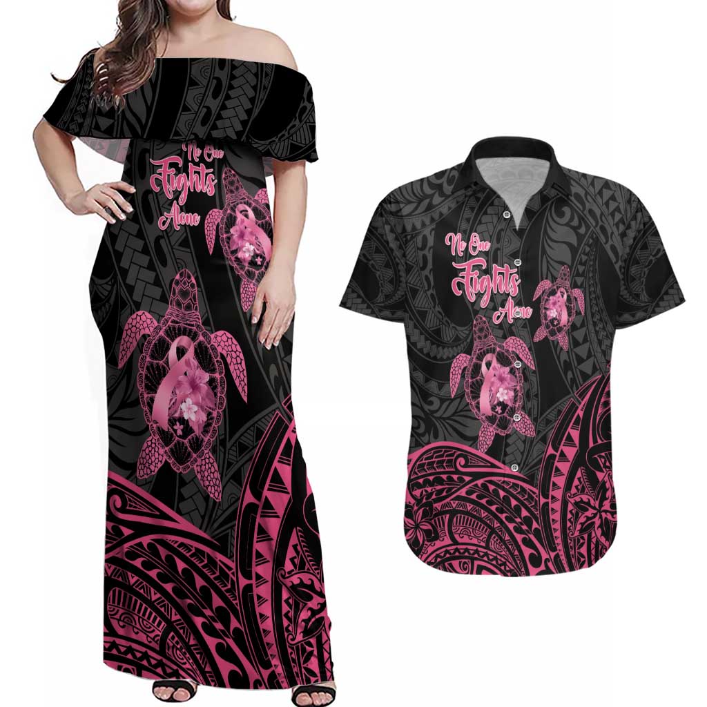 Personalised Polynesia Breast Cancer Awareness Couples Matching Off Shoulder Maxi Dress and Hawaiian Shirt No One Fights Alone Turtle Ribbon - Black Version