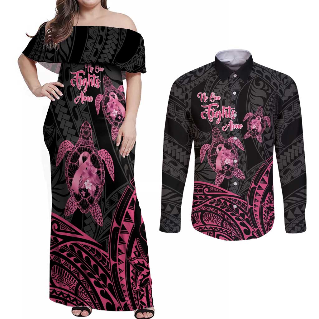 Personalised Polynesia Breast Cancer Awareness Couples Matching Off Shoulder Maxi Dress and Long Sleeve Button Shirt No One Fights Alone Turtle Ribbon - Black Version LT14 Black - Polynesian Pride