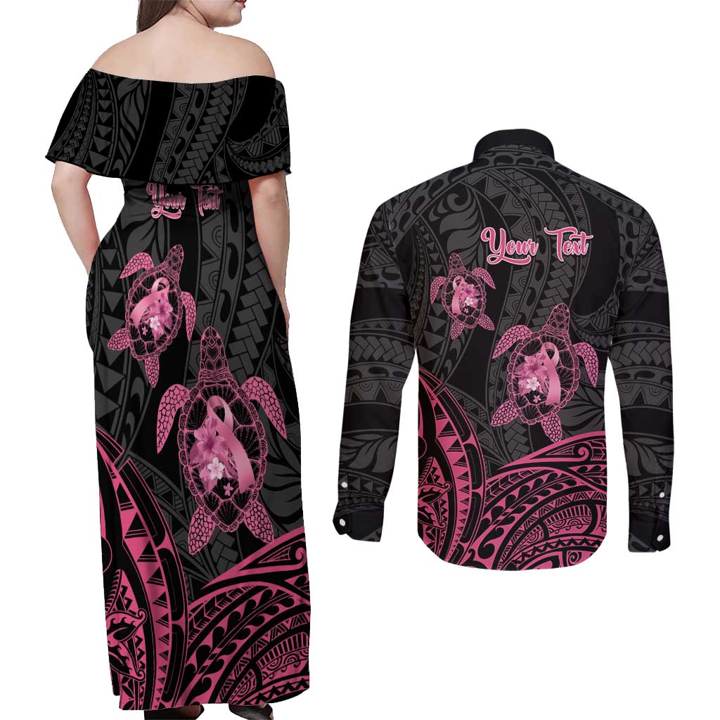Personalised Polynesia Breast Cancer Awareness Couples Matching Off Shoulder Maxi Dress and Long Sleeve Button Shirt No One Fights Alone Turtle Ribbon - Black Version LT14 - Polynesian Pride
