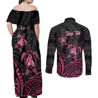 Personalised Polynesia Breast Cancer Awareness Couples Matching Off Shoulder Maxi Dress and Long Sleeve Button Shirt No One Fights Alone Turtle Ribbon - Black Version LT14 - Polynesian Pride