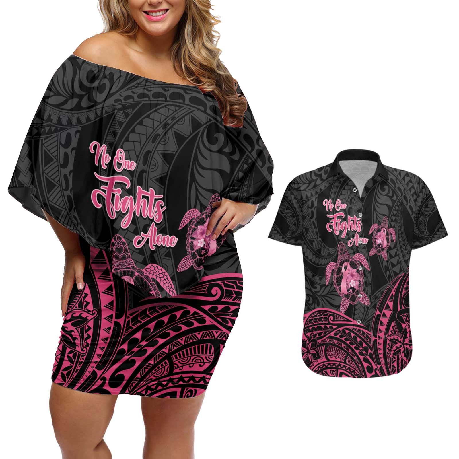 Personalised Polynesia Breast Cancer Awareness Couples Matching Off Shoulder Short Dress and Hawaiian Shirt No One Fights Alone Turtle Ribbon - Black Version LT14 Black - Polynesian Pride