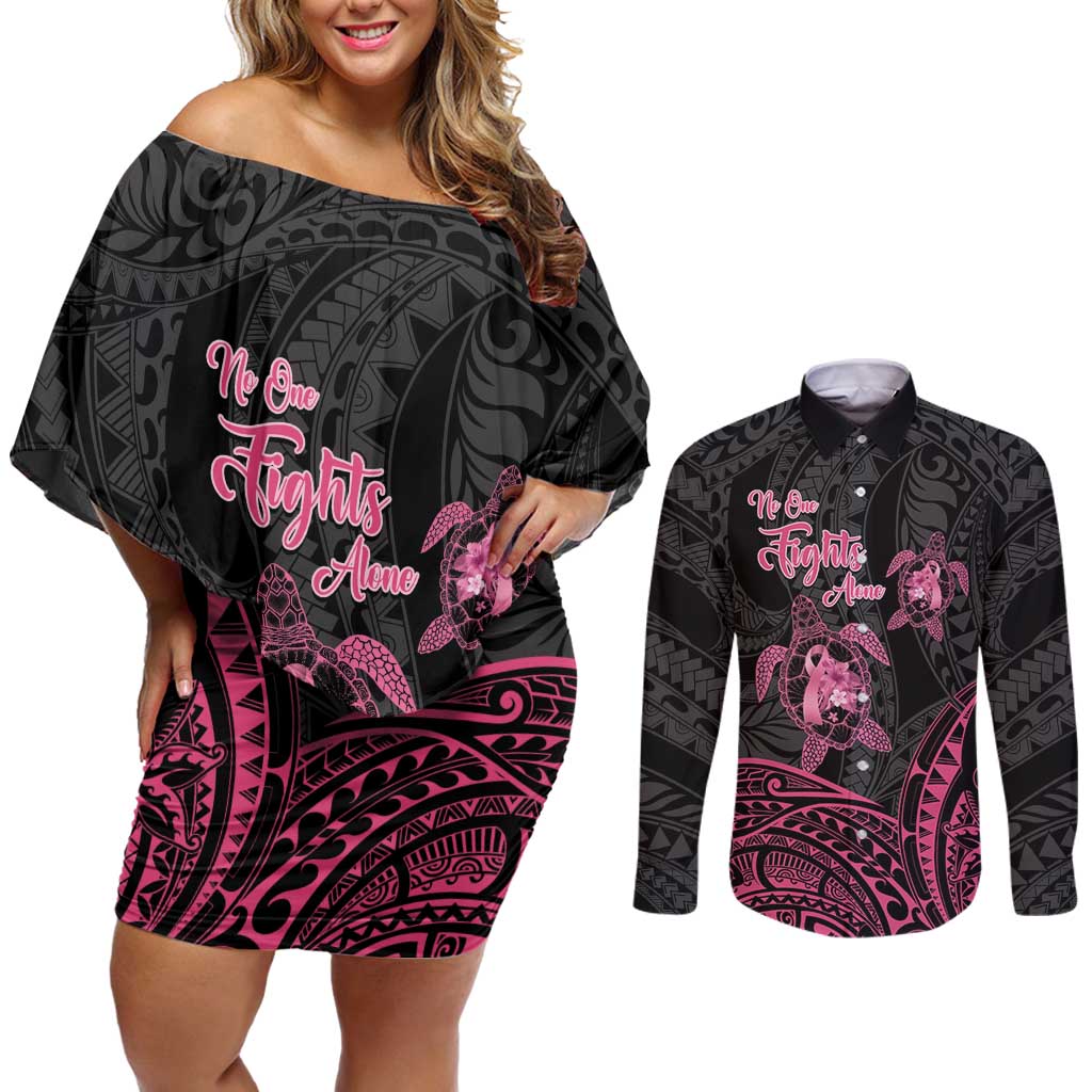 Personalised Polynesia Breast Cancer Awareness Couples Matching Off Shoulder Short Dress and Long Sleeve Button Shirt No One Fights Alone Turtle Ribbon - Black Version LT14 Black - Polynesian Pride
